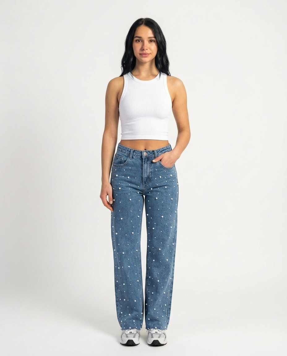 Žara karoliukais puoštas džinsinis audinys