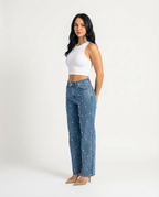 Žara karoliukais puoštas džinsinis audinys